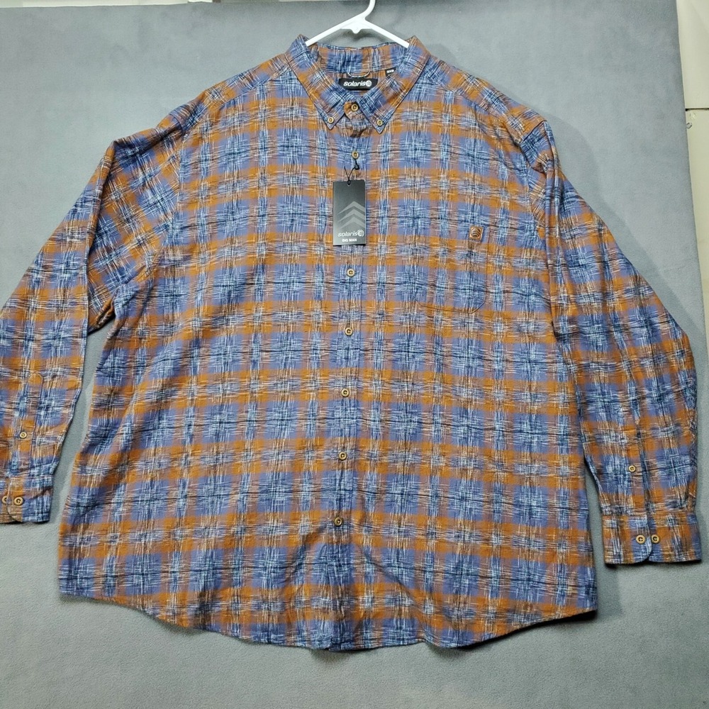 Solaris Button-Up Shirt Mens 3XB Blue Orange NWT Geometric Check Flannel
